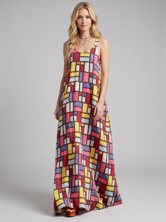 Dresses & Skirts - Women's Geometric Grid Print Maxi Dress Sleeveless Scoop Neck A-Line Casual